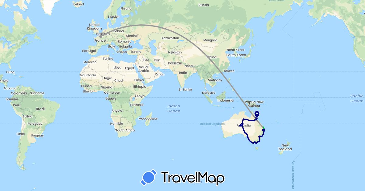 TravelMap itinerary: driving, bus, plane in Australia, France, Hong Kong (Asia, Europe, Oceania)